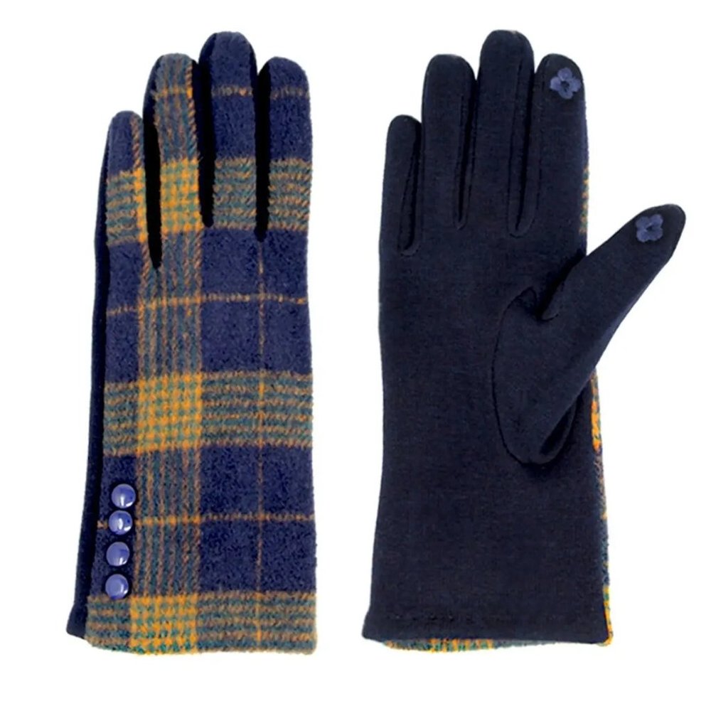 Navy Plaid Button Smart Gloves